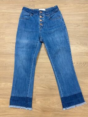See By Chloé High-Rise Button Fly Released Raw Hem Cropped Kick Flare Jeans 27